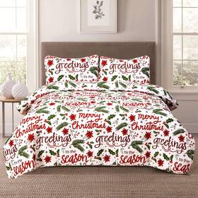 Howplum 082481950388 Christmas Cheer Winter Script Lightweight Holiday Quilt Full/queen Bedding Se