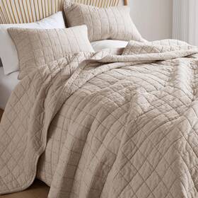 Hyde Lane 022164640816 Linen Quilt Set Queen Size - Breathable Box Stitched European Flax Bedding F