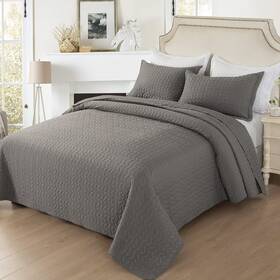 Hygge Hush 676055394533 Summer Quilt Set Twin Size Dark Grey Leaves Pattern 2 Pieces Over