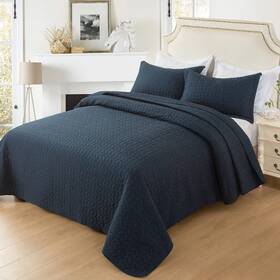 Hygge Hush 676055394564 Summer Quilt Set Twin Size Navy Blue Leaves Pattern 2 Pieces Oversi