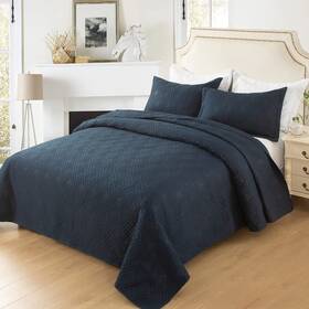 Hygge Hush 676055394656 Summer Quilt Set Twin Size Navy Blue L Pattern 2 Pieces Oversized