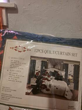 120012 Infinite Home Rn# King 12pc Quilt Curtain Set 100% Cotton Floral White Red Black