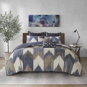 Ii13-1043 Ink Ivy Reversible Cotton Quilt King/cal King 3pc Chevron Navy All Season Bedding