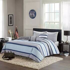 Intelligent Design 675716643096 Quilt Full - Queen Striped Reversible Coverlet Set Blue New