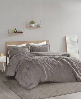 Id12-1926 Intelligent Design Malea Shaggy Fur Twin Duvet Cover Set Gray