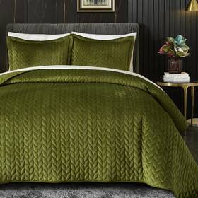 Ivellow 738063262973 Velvet Quilt Queen Size Green Lightweight Comforter Set Oversi