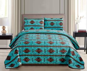 Jaba 843688107018 Southwest Teal/burgundy/brown Print Bedspread 3 Piece Navajo/native American Des
