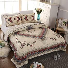 Eq01-pattern1-king Jameswish Beige Floral Embroidered Quilt Set King Size 100% Cotton Ethnic Patchwork Bed