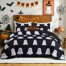B0f7wsqp84 Janzaa Halloween Quilts Queen Size Black Quilt With Ghost Pattern Microfiber Bedspre