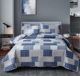 Hu-xi-201 Jessy Home Bedspread Set King Size Plaid Quilt Bedding Grey Blue Patchwork Modern L