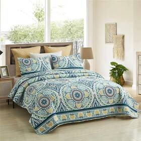 Qsm09-1-k Jml Quilt Set King 3pc Blue Bohemia Reversible Microfiber Lightweight Soft Bedding