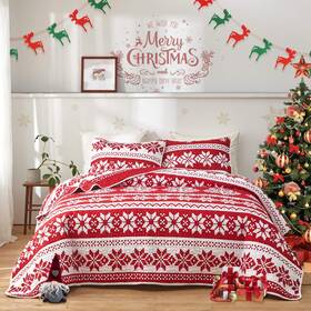Jr-chfb02-q Joyreap 3 Pieces Christmas Quilt Set Queen Red And White Snowflake Pattern