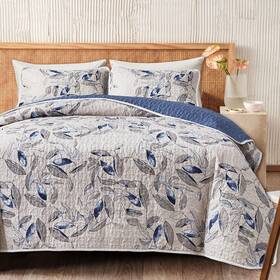 Jr-hfb12-k Joyreap King Microfiber Quilt Set Reversible Botanical Blue Leaves 3-piece Bedspread