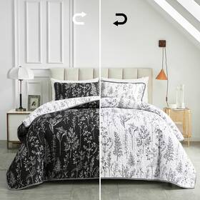 Jr-hfb42-q Joyreap 3 Pieces Quilt Set Full/queen Black N White Rversible Botanical Desi