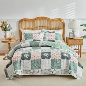 Jr-shfb01-q Joyreap 3 Pieces Floral Patchwork Quilt Set Queen Green Flowers Design Soft N Cozy