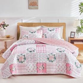 Jr-shfb02-t Joyreap 2 Pieces Floral Patchwork Quilt Set Twin Pink N White Flowers Design
