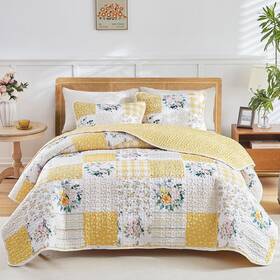 Jr-shfb03-t Joyreap 2 Pieces Floral Patchwork Quilt Set Twin Yellow N White Flowers Design Soft