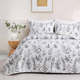 Jsd 313048674608 3 Piece Grey White Floral Quilt Set Full Queen Printed Bedspread With Sham