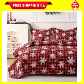 Jsd 313087687645 Christmas Quilt Set Twin Size Red Buffalo Plaid Snowflakes Bedspreads 2 Piece