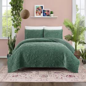 Jungalow 041808155301 Secret Garden 3-piece Ultra Soft Green Velvet Quilt Set Full/queen