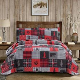 Junsey 192408493154 Rustic Bear Quilts Set Full/queen Size Red Black Plaid Patchwork Bedding Lig