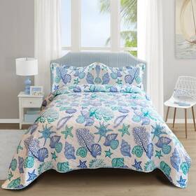 Junsey 820912819763 3 Piece Quilts Full/queen Size Ocean Theme Lightweight Coastal Beach Bedding