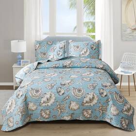 Junsey 820912838955 Beach Quilts Set Full/queen Size Ocean Theme Bedspreads 3pcs Seashell Conch S