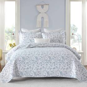 Kaloola 614166323721 Floral Quilts Queen Size - 100% Cotton Blue Quilt Set Reversible