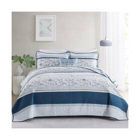 Bz123 Kaloola Navy White Quilt Queen 100% Cotton Soft Lightweight 3 Pieces Quilted