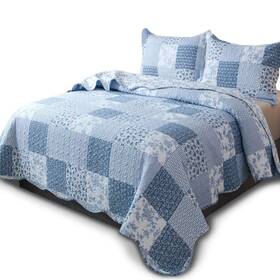 Kasentex 733810815327 King Quilt Set Lightweight Bedspread Coverlet Blue Floral Patchwork 104x90