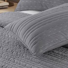 Kwx2424-gy-t Kasentex Luxury Velvet Quilt Set 3 Pieces Twin Size Ultra-soft Bedspread Coverlet Wit