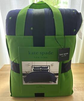 59757 Kate Spade King Quilt Set Navy Green Scallop Dot 3pc Bedding Nwt In Tote Bag