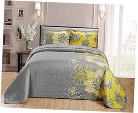 Kids Zone Home Collection 665752456446 Quilt Bedspread Set Over Size Flowers Printed Grey Yellow