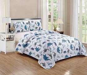 Kids Zone Home Linen 665752456712 Quilt Bedspread Set Dinosaur Green Orange Yellow Grey Cactus Plants New