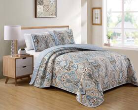 Kids Zone Home Linen 665752457825 Bedspread Set Damask Pattern Light Blue White Beige And Brown New King/calif