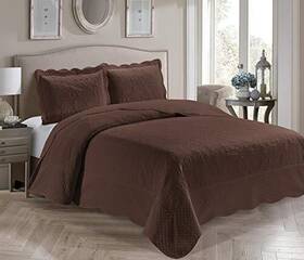 Kids Zone Home Linen 665752490778 3 Piece Over Size Embossed Solid Color Coverlet Bedspread Full/queen Coffee
