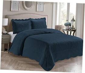 Kids Zone Home Linen 665752490792 3 Piece Full/queen Over Size Embossed Solid Navy Blue Color Coverlet