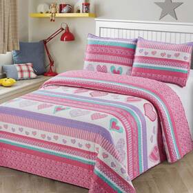 Kids Zone Home Linen 665752492482 2pc Twin Size Quilt Bedspread Kids/teens Hearts Pink Purple/lavander White Gi