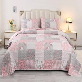 Co-cy6490 Kinbedy Floral Patchwork Quilt Set Full Queen Size Pink Grey Quilted Bedspread Cover