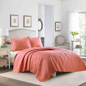 195557 Laura Ashley Quilt Set King Size 3-piece Reversible Soft Solid Cotton Orange