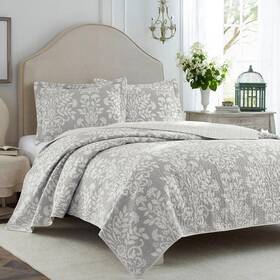 221804 Laura Ashley Quilt Set 96 Inch X 104 King Soft Cotton Polyester Dove Gray 3-piece