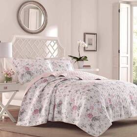 222278 Laura Ashley Quilts Reversible Cotton Floral Pink Full/queen 3-pcs