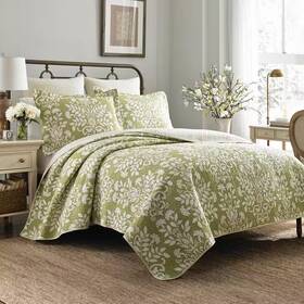 Laura Ashley 313029948988 Rowland 3-piece Green Full/queen Quilt Set Sage Cotton Bedspread
