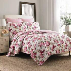 Laura Ashley 445016454417 Lidia 3-piece Multicolored Pink Floral Cotton Full/queen Quilt Set