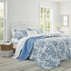 Laura Ashley 711181466065 Bedford 3-piece Blue Floral Cotton King Quilt Set