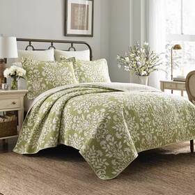 Laura Ashley 744110892109 Rowland 3-piece Green Full/queen Quilt Set Sage Cotton Bedspread