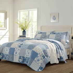 77457483 Laura Ashley Full/queen Paisley Patchwork Quilt Set Blue