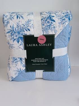 Laura Ashley 883893701243 King Quilt Sham Set Cara Blue Floral Reversible New