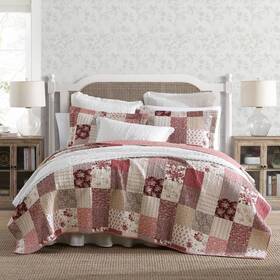 89292052 Laura Ashley 3pc King Celina Patchwork 100% Cotton Quilt Bedding Set Red
