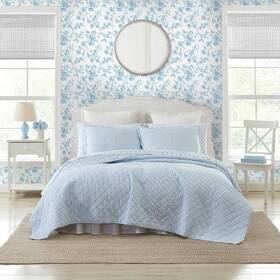 91266555 Laura Ashley King Oxford Striped 100% Cotton Quilt Set Blue Includes 2